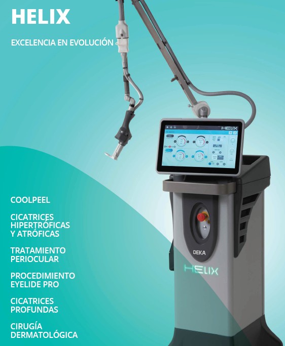 HELIX - Tecnología dual: CO₂ 10.600 nm + 1570 nm HELIX combina energía fraccionada ablativa y no ablativa en una única plataforma. Ambas tecnologías pueden utilizarse de forma independiente o simultánea para potenciar los resultados y reducir el downtime.